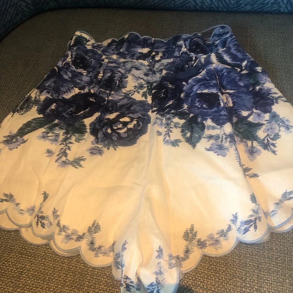 Zimmermann White Shorts with Blue Floral Scallop Hem - Picture 3 of 8